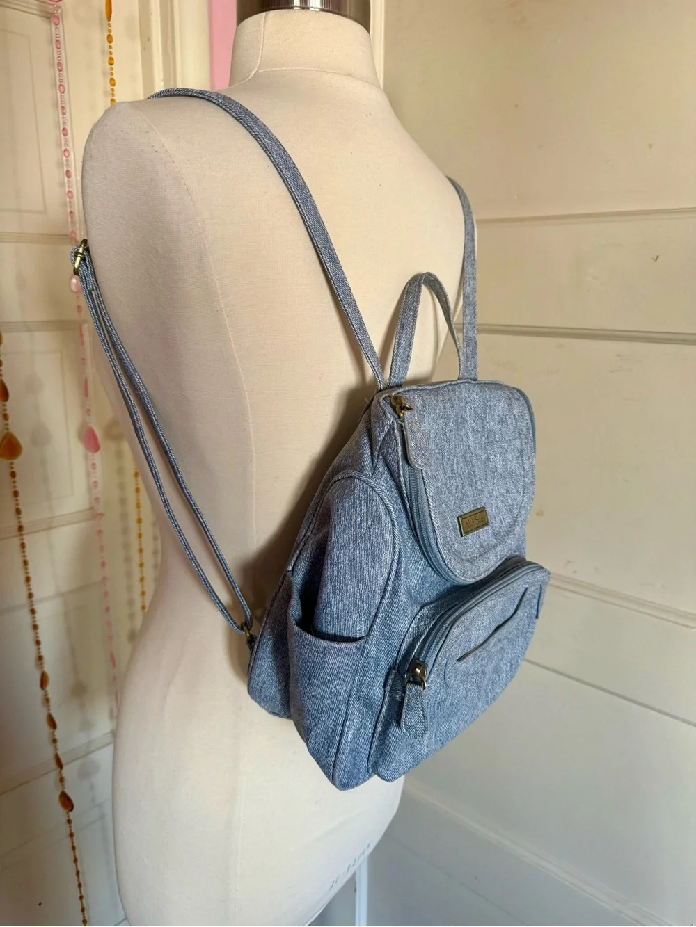MultiSac Y2K Denim Backpack Purse Light Wash Multi Pocket